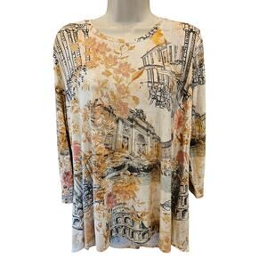 Cato M soft stretch landscape whimiscal nostalgia blouse mural neutral beige